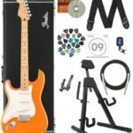 Fender Player Stratocaster® Left-Handed - Capri Orange Bundle w/Hard Case, Stand, Cable, Tuner, Capo, Online Lessons, Strings, Picks, Strap, and Austin Bazaar Instructional DVD