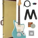 Fender Player II Jaguar - Aquatone Blue Bundle with Tweed Case, Strap, Strings, Instrumental Cable, Picks, and Austin Bazaar Instructional DVD