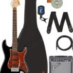 Fender Affinity Series Stratocaster - Limited Edition Black, Bundle with Frontman 10G Amplifier, Gig Bag, Tuner, Instrument Cable, Strap, Picks, and Austin Bazaar Instructional DVD