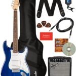 Fender Squier Sonic Stratocaster - Sapphire Blue Transparent Bundle with Frontman 10g Amp, Gig Bag, Cable, Strap, Tuner, Fender Play, Picks, Austin Bazaar Guitar DVD