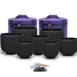 7-12 inch 432hz Black Frosted Chakra Handmade Quartz Crystal Singing Bowls Sound Healing with 2 Travel Carry Cases Bags 2 Mallets Suede 2 Strikers 7 O-rings